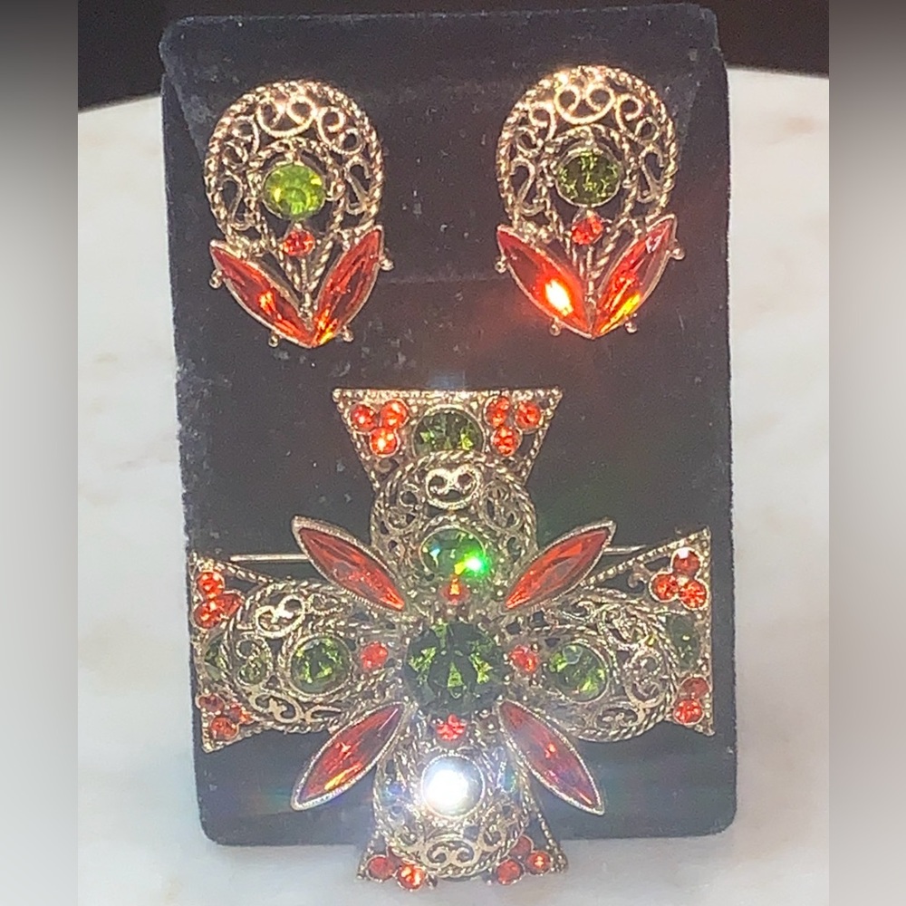 EMMONS MALTESE BROOCH CLIP EAR SET GREEN ORANGE VINTAGE GOLD REGAL SPLENDOR 1970 - Picture 11 of 11
